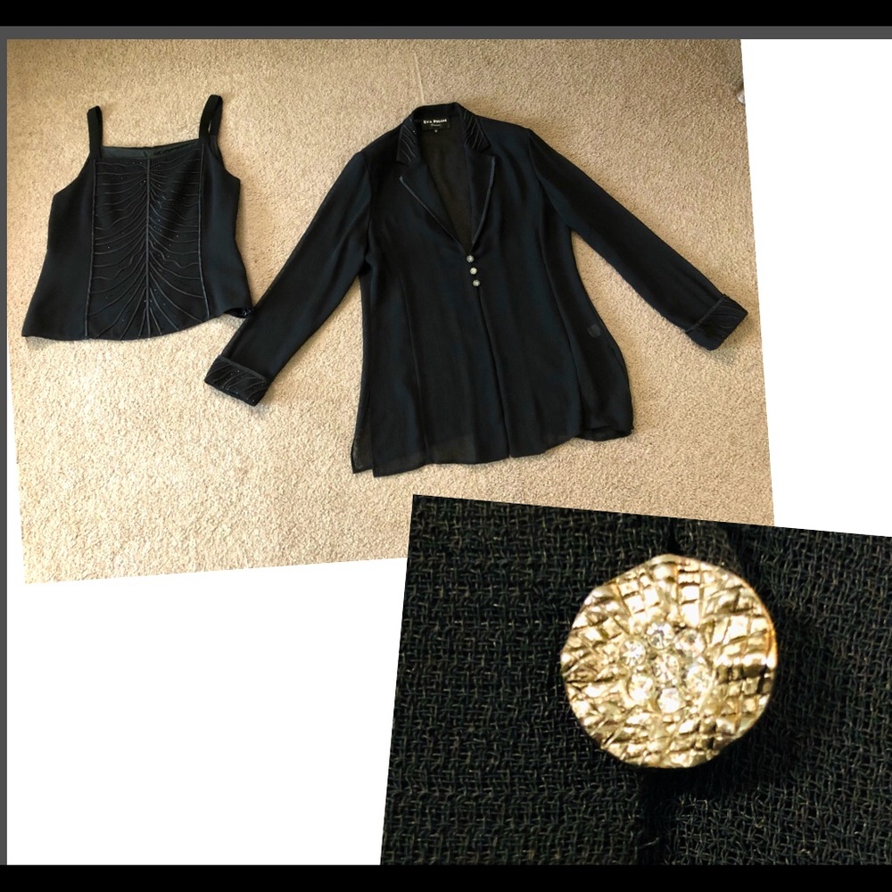 Eva Polini Couture Black Embroidered Jeweled Blazer & Top Sz 16  Lot of 2 items
